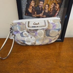 Coach Signature Pattern Wristlet in Cream and Purple